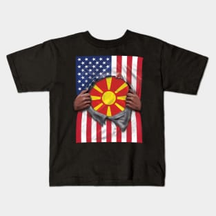 Macedonia Flag American Flag Ripped - Gift for Macedonian From Macedonia Kids T-Shirt